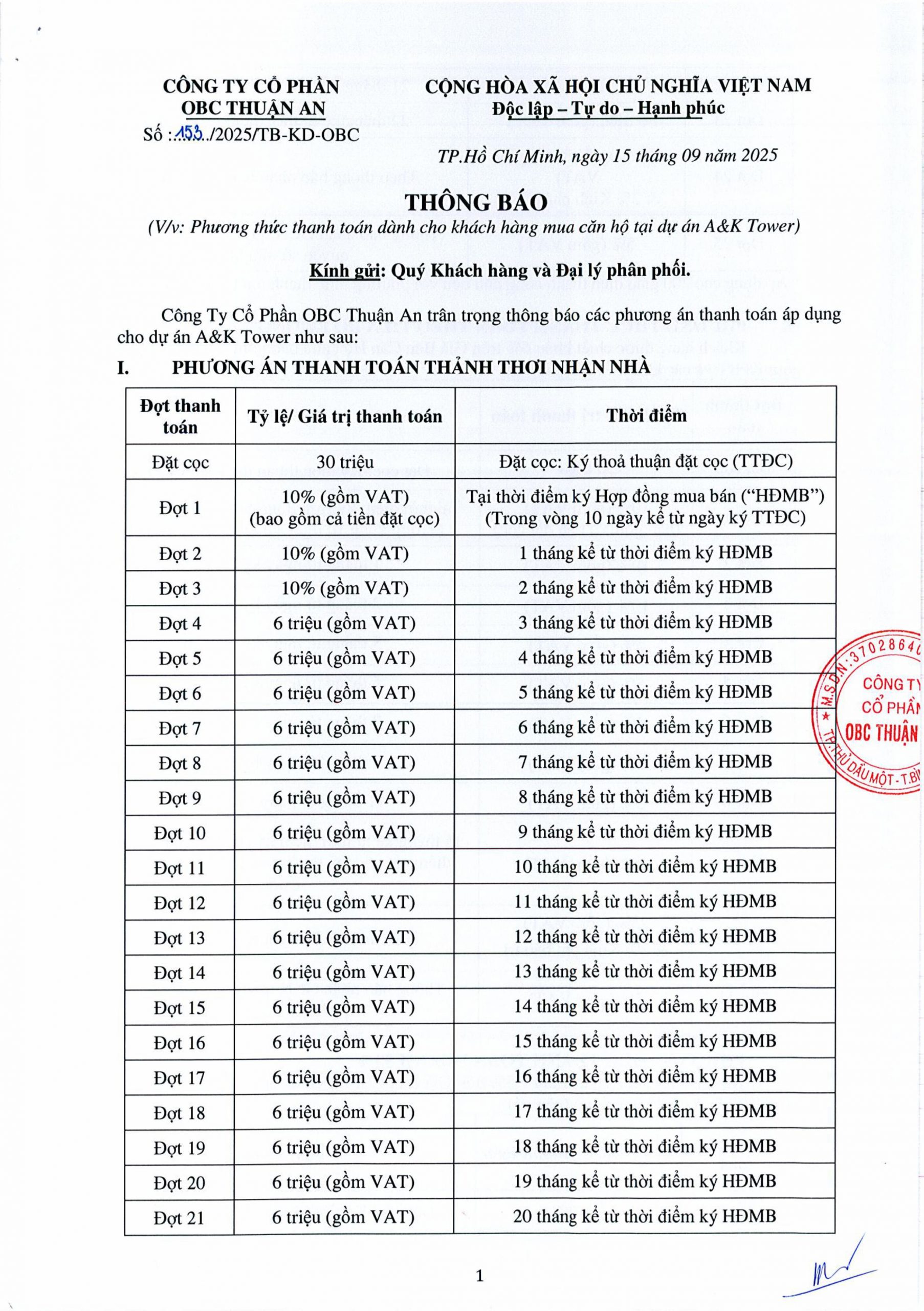 Thanh toán A&K Tower